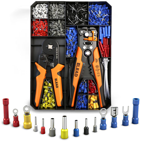 1188-Piece Ferrule Crimping & Stripping Tool Kit, AWG 23-7 (0.25-10 mm²) Ferrule Crimper, Automatic Wire Stripper with Conductor End Sleeve, Terminal, Flat Plug, Flat Connector and Tie Tape