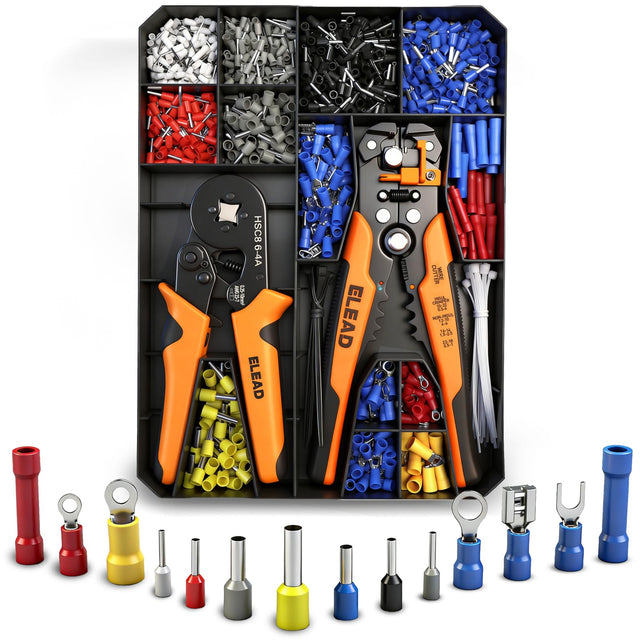 1188-Piece Ferrule Crimping & Stripping Tool Kit, AWG 23-7 (0.25-10 mm²) Ferrule Crimper, Automatic Wire Stripper with Conductor End Sleeve, Terminal, Flat Plug, Flat Connector and Tie Tape