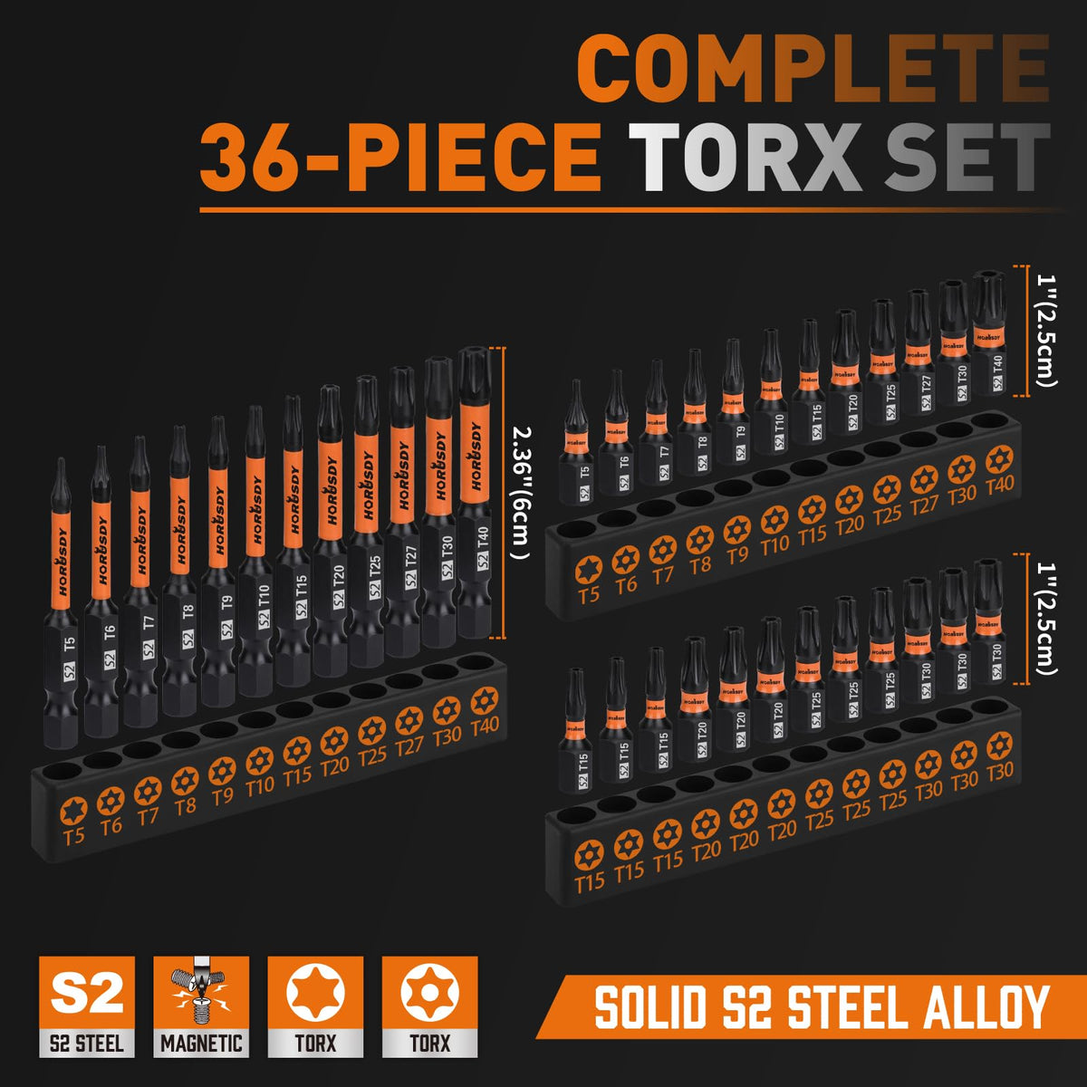 HORUSDY Torx Bit Set, 36pcs Security Torx Bit Set,Tamper Proof Star Bits (T5-T40) for Impact Driver, S2 Steel Screwdriver 1" & 2.3" Long,Torque Security Bits with Storage Box