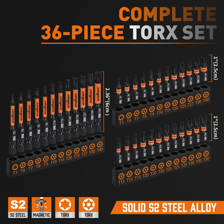 HORUSDY Torx Bit Set, 36pcs Security Torx Bit Set,Tamper Proof Star Bits (T5-T40) for Impact Driver, S2 Steel Screwdriver 1" & 2.3" Long,Torque Security Bits with Storage Box