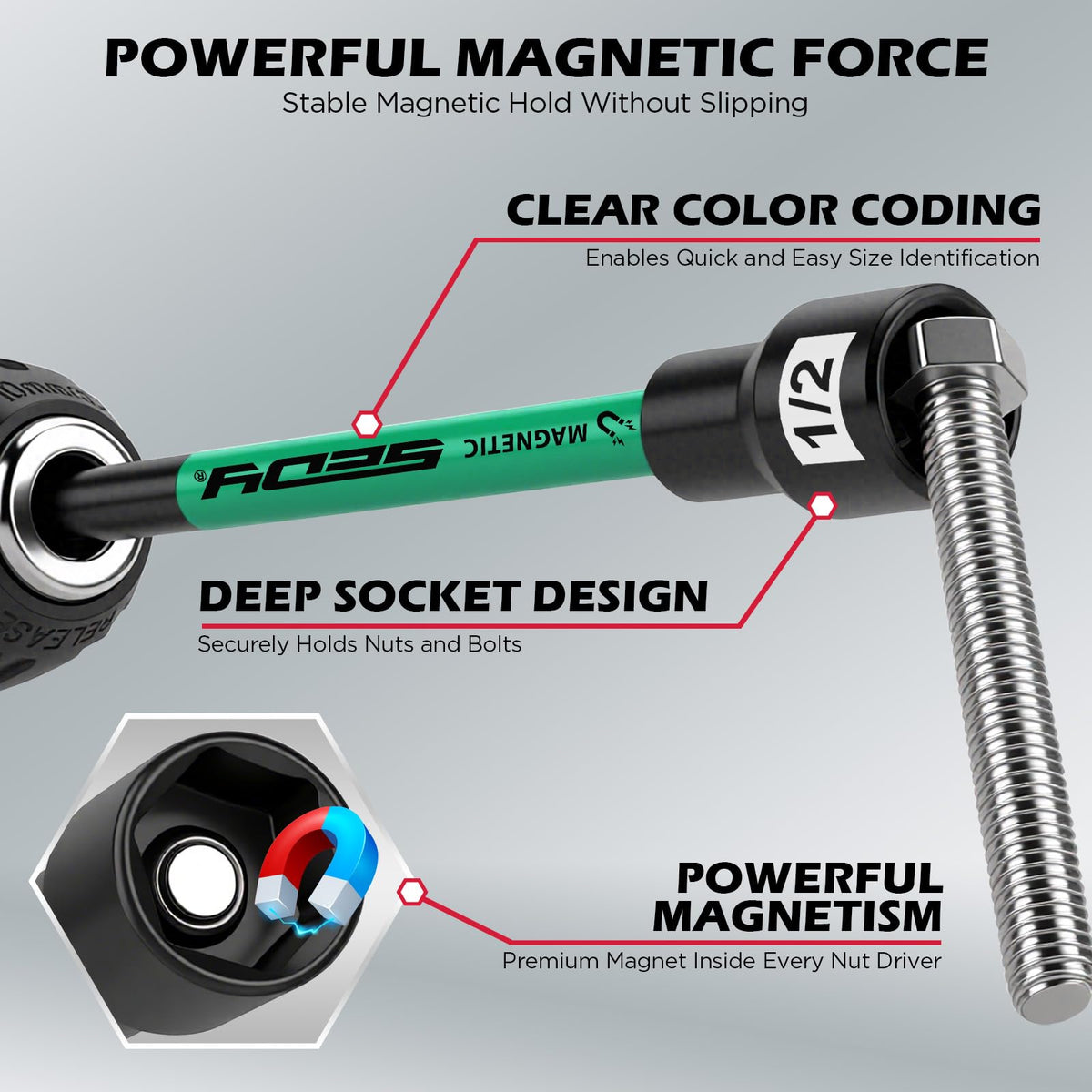 11PCS Magnetic Extra Long Nut Driver Set, SAE 9/16"-1/4", 6" Impact Nut Driver with PH2 Bits, 1.5lb Telescoping Magnetic Pickup Tool & Storage Rail, 1/4" Hex Shank, S2 Steel for Automotive Home Repair