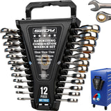 Premium 12-Piece Metric Ratchet Wrenches Set with Magnetic Organizer 8mm-19 mm, 72-Tooth Ratcheting Wrench Set, Cr-V Steel Ratchet Combination Wrench Set for Automotive, Machine Repair