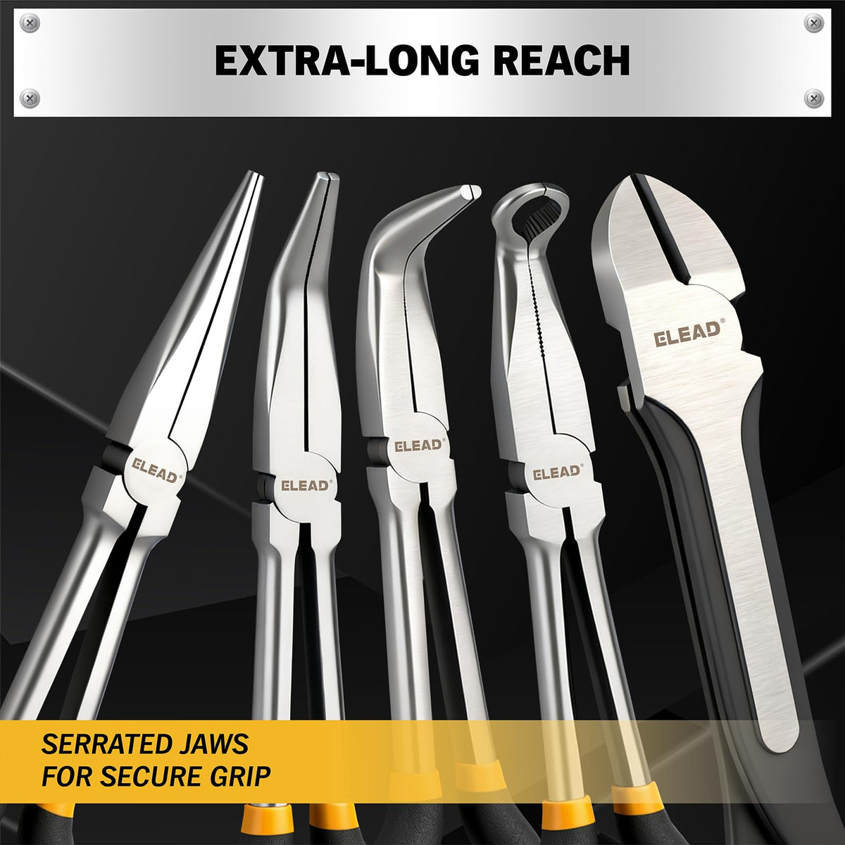 5-Piece 11 Inch Long Needle Nose Pliers Set with 4 Magnetic Plier Racks, Extra Long Reach Pliers Set, 45° & 90° Bent Needle Nose Pliers, Circle Nose and Diagonal Pliers for Tight Spaces