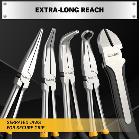 5-Piece 11 Inch Long Needle Nose Pliers Set with 4 Magnetic Plier Racks, Extra Long Reach Pliers Set, 45° & 90° Bent Needle Nose Pliers, Circle Nose and Diagonal Pliers for Tight Spaces
