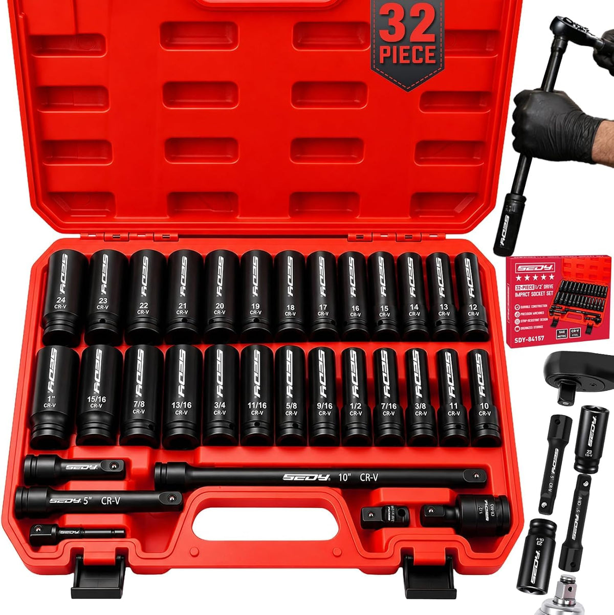 32-Piece 1/2" Drive Impact Socket Set, Metric SAE Deep Sockets, CR-V Steel
