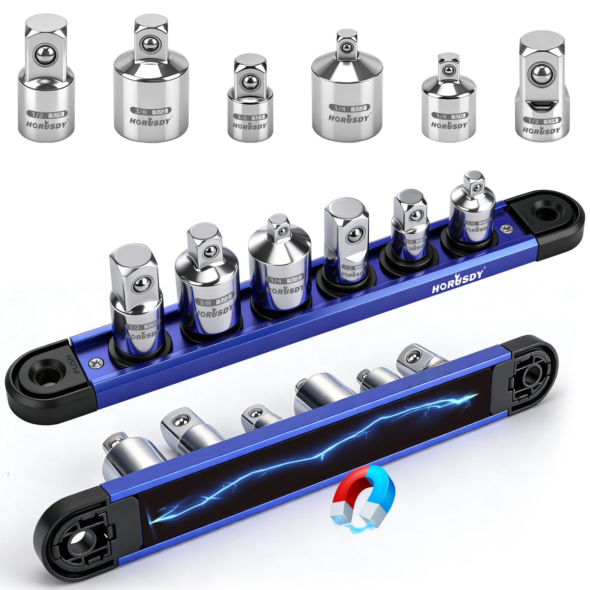 6-Piece Storeable Socket Adapter and Reducer Set with Magnetic Rail, Ratchet Adapter Set 1/4" 3/8" 1/2" Drive, Chrome Vanadium Steel, for Impact Driver & Drill, Organized Holder