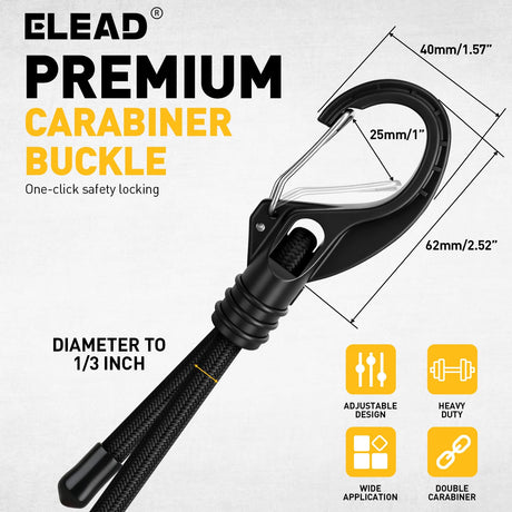 8-Piece 24-inch Adjustable Bungee Cords with Hooks, Heavy Duty Outdoor Carabiner Bungee Straps, Easily Adjust from 7" to 24", Black Super Elastic Cord for Cargo, Camping, Bike Racks, Tents
