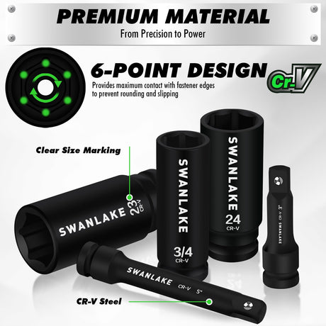 30-Piece 1/2" Drive Impact Socket Set, Standard SAE (3/8-1 inch) and Metric (10-24mm) 6 Point CR-V Steel Deep Socket, Ratchet Handle, 3" & 5" Extension Bar, CR-MO Impact Universal Joint
