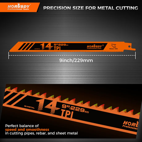 HORUSDY 6PCS 9-Inch 14TPI Bi-Metal Reciprocating Saw Blades, Heavy-Duty Blades for Cutting Steel Pipe, Rebar and Sheet Metal, Universal Shank Fits Most Saws