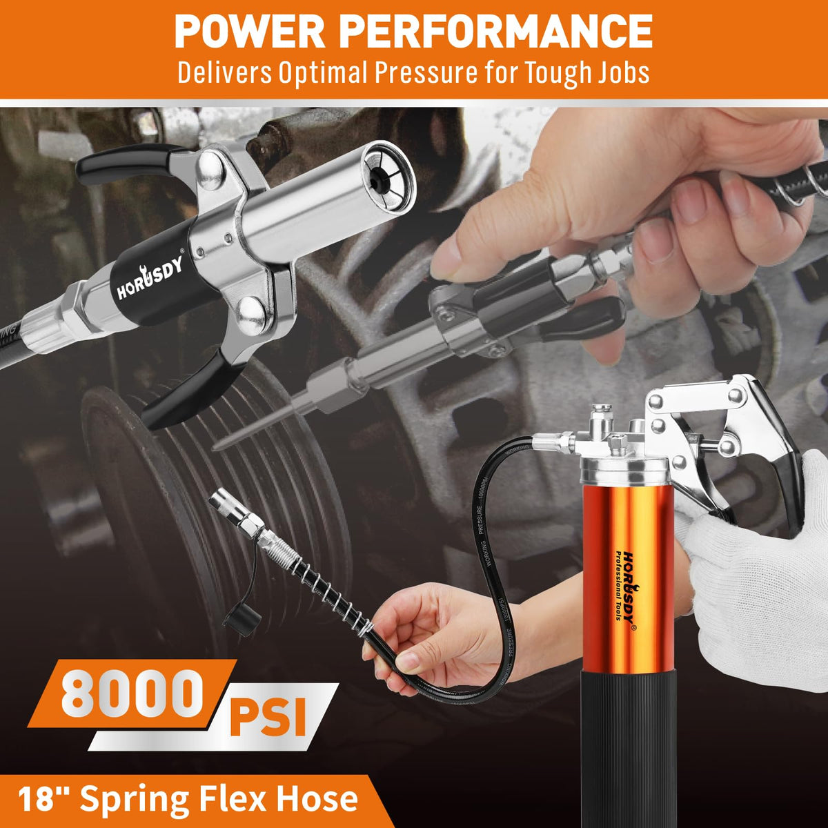 18-Piece 8000PSI Heavy Duty Grease Gun Kit with 14oz Grease, 2x11" Hoses, Flex Hose, Extension Pipes, Lock Coupler, Injector, Sharp Nozzle for Vehicle, Farm, Workshop, Marine, Easy Operation Tool
