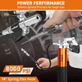 18-Piece 8000PSI Heavy Duty Grease Gun Kit with 14oz Grease, 2x11" Hoses, Flex Hose, Extension Pipes, Lock Coupler, Injector, Sharp Nozzle for Vehicle, Farm, Workshop, Marine, Easy Operation Tool
