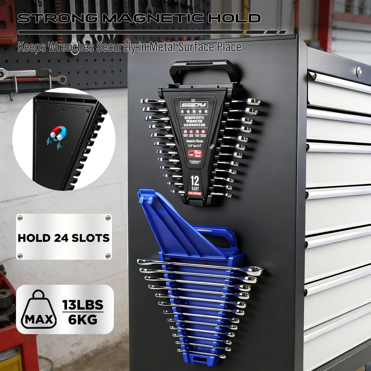 2-Piece Magnetic Wrench Organizer, 24-Slot Wrenches Holder Set with Lock Cover Metric 6–18mm & SAE 1/4-3/4", Wrench Rack Tool Trays with Carrying Handle for Wall Mount Toolbox Drawer Storage