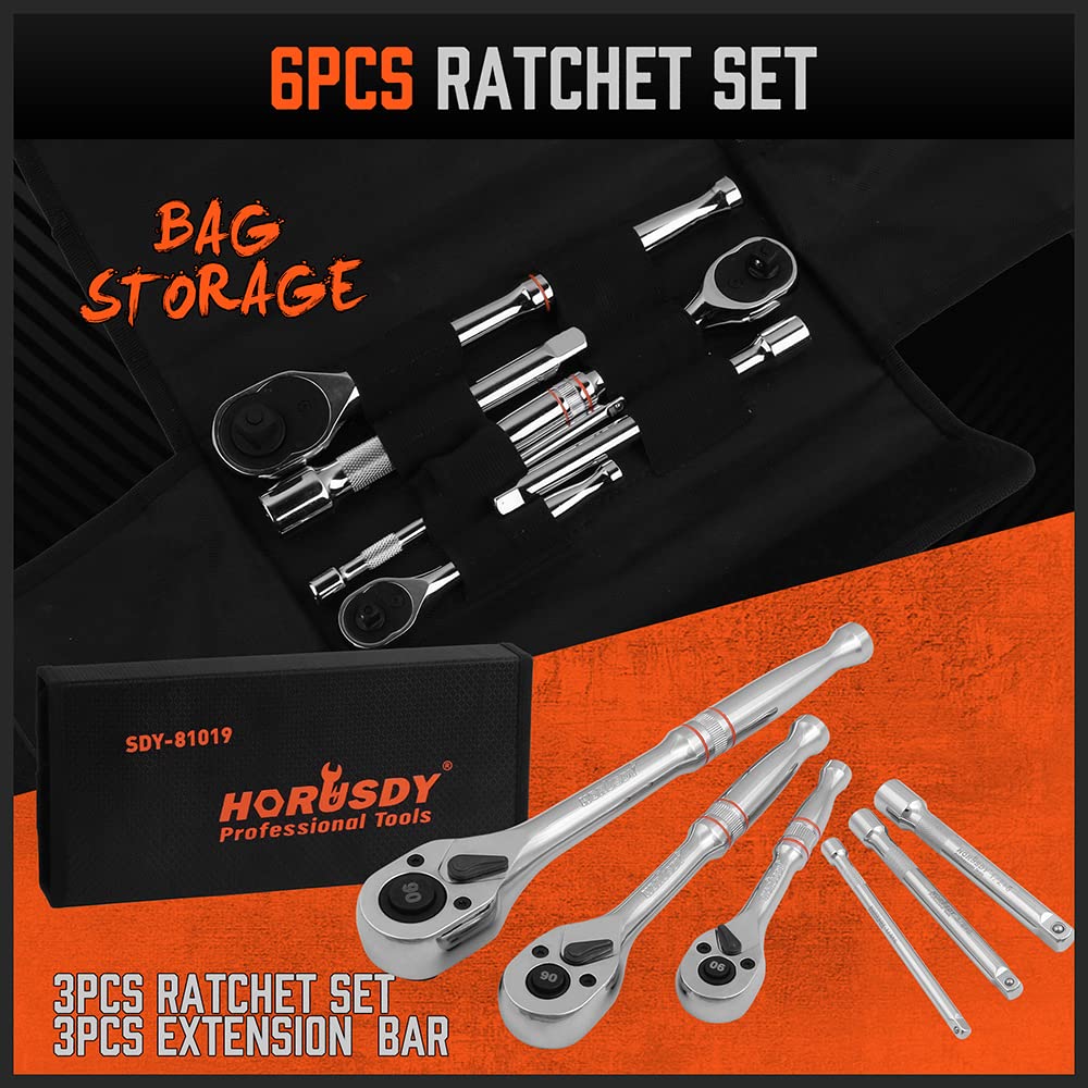 HORUSDY 3-Piece Ratchet Set, 1/4” 3/8”, 1/2" Drive Ratchet Handle Set, 90-Tooth,CR-V, Quick Release Ratchets