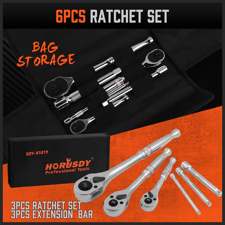 HORUSDY 3-Piece Ratchet Set, 1/4” 3/8”, 1/2" Drive Ratchet Handle Set, 90-Tooth,CR-V, Quick Release Ratchets