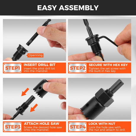 HORUSDY 8PCS Hole Saw Kit, 1"–2-1/8" (25–54mm), with 2 Pcs Drill Bits, Mandrel & Hex Key, Smooth Cut, DIY-Friendly Set for Soft Wood, Plywood, PVC
