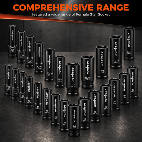 32-Piece 1/2" Drive Impact Socket Set - Metric (10mm–24mm) and SAE (3/8"–1") Deep Socket Set with Extension Bar, Swivel Socket, Adapter, CR-V Steel for Auto Repair