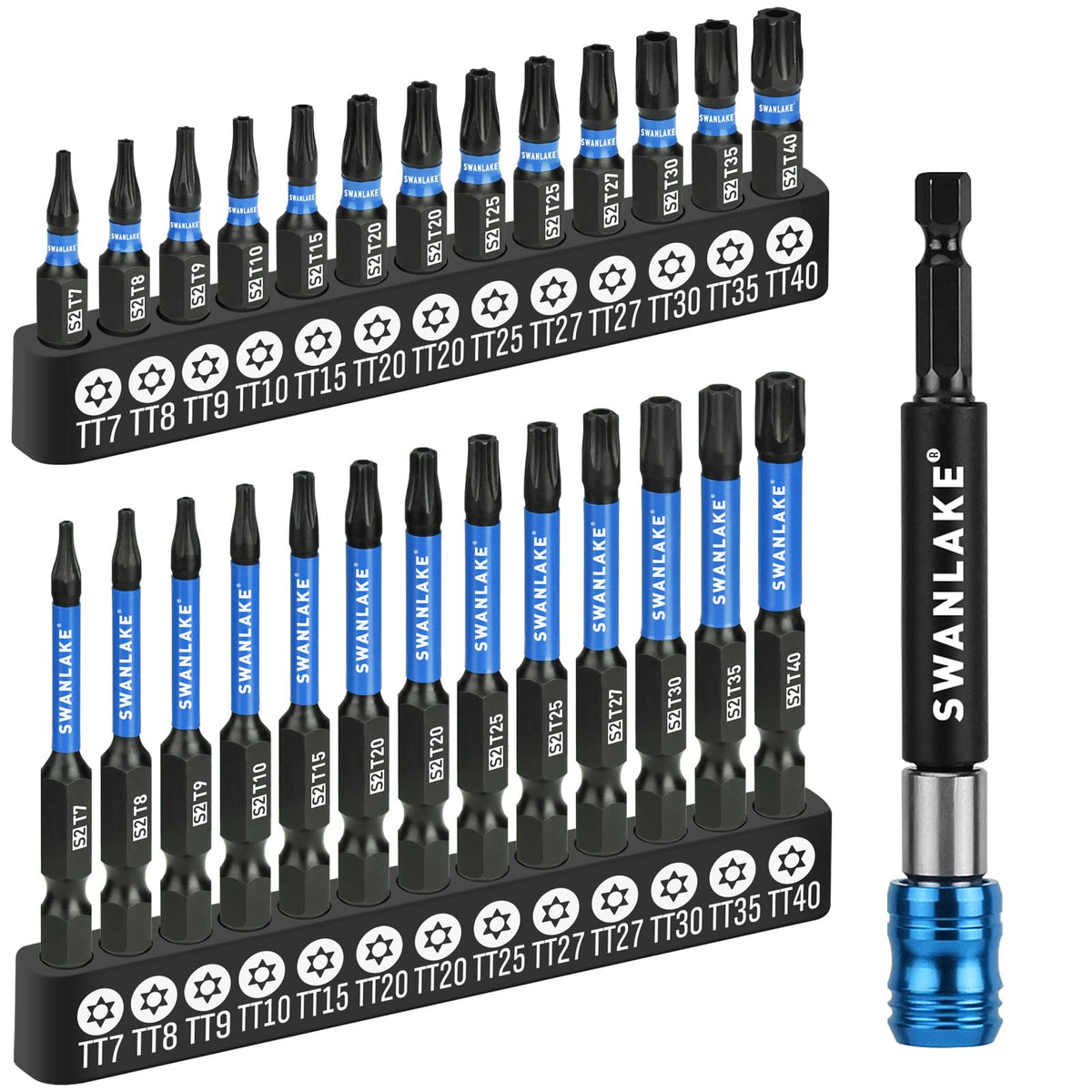 SWANLAKE Impact Torx Bit Set, 27-piece (TT7-TT40) 1''&2'' Security Tamper Proof Magnetic Screwdriver Bits, CNC Machined Tips, S2 Steel Long Torque Star Bits with 4'' Impact Bit Holder and Storage Box
