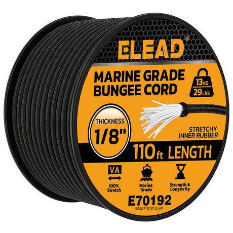 Heavy Duty Bungee Cord Roll, 1/8" x 110ft Marine Grade Outdoor Bungee Cords, Black Super Elastic Shock Cords, Long Cord for Cargo, Camping, Bike Racks, Tents