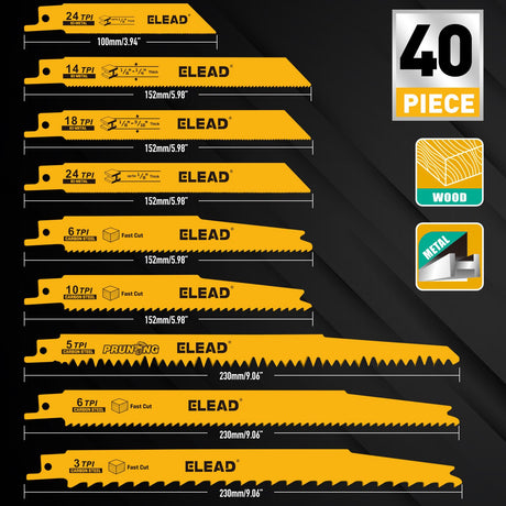 40-Piece Bi-Metal Reciprocating Saw Blade Set, Premium 4 & 6 & 9 Inch Wood & Metal Cutting Saw Blades with Storage Pouch, Long-Lasting Pruning Blades