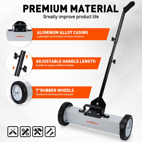 HORUSDY 18-Inch Rolling Magnetic Sweeper with Wheels, Magnet Pickup Sweeper, Push-Type Nail Magnet Sweeper for Workshop, Garage, and Yard Cleanup