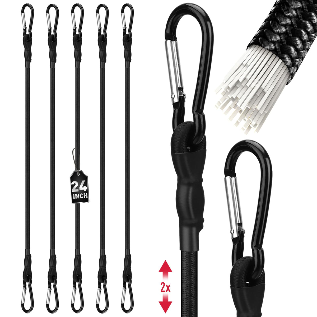 5-Piece 24 Inch Bungee Cords with Carabiner Hooks, Heavy Duty Rubber Elastic Tie Down Straps, Bungee Cord with Carabiner Clips for Cargo, Truck Bed, Camping, Motorcycle and Outdoor Use (Black)