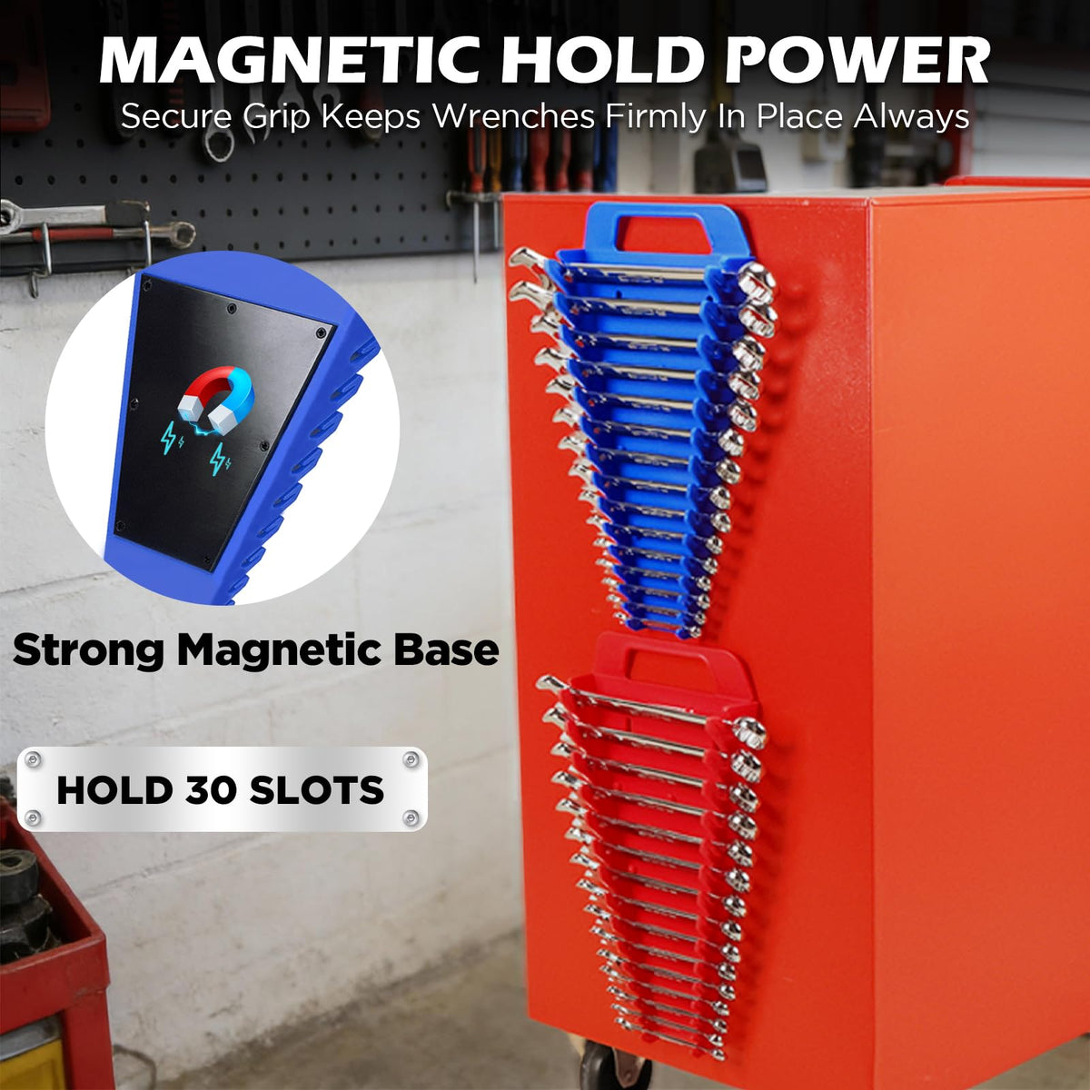 2-Pack Magnetic Wrench Organizer with Non-Slip Handle, 24-Slot Heavy-Duty Wrench Rack Holders for Toolbox & Drawer Storage, Fits SAE 1/4"-1-1/16" and Metric 6mm-24mm Wrenches