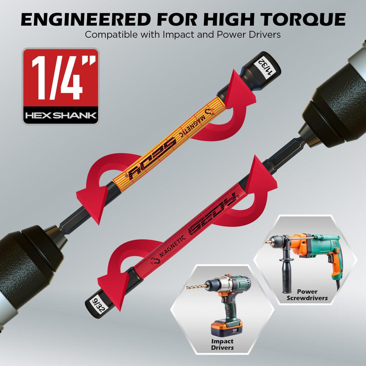 11PCS Magnetic Extra Long Nut Driver Set, SAE 9/16"-1/4", 6" Impact Nut Driver with PH2 Bits, 1.5lb Telescoping Magnetic Pickup Tool & Storage Rail, 1/4" Hex Shank, S2 Steel for Automotive Home Repair
