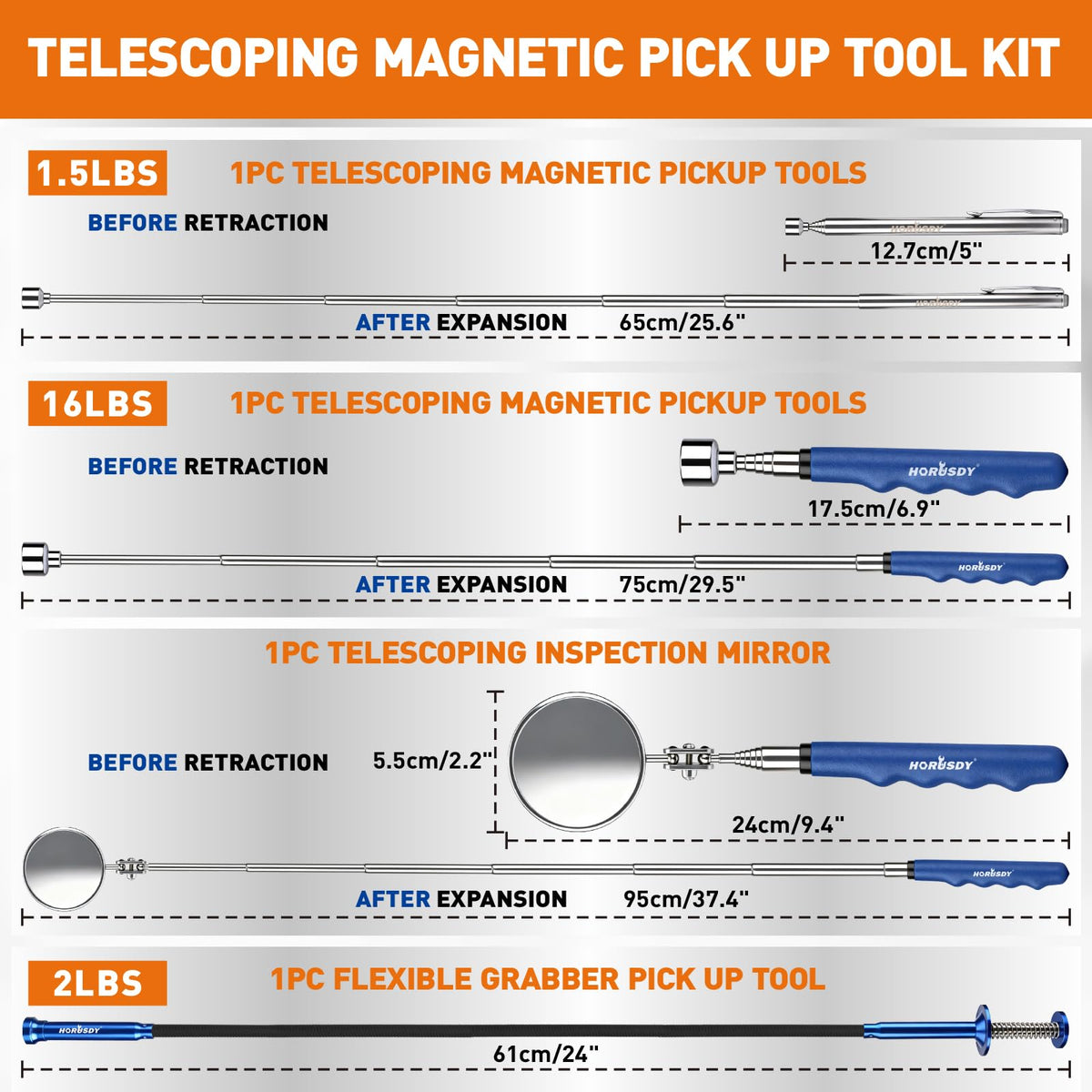 HORUSDY 4PCS Telescoping Magnetic Pick Up Tool Kit, Magnetic Sweepers Set with 360° Inspection Mirror, 2 Telescoping Magnetic Pickup Tools (5–25.6/6.9–29.5 in) & 24 in Flexible Claw Grabber