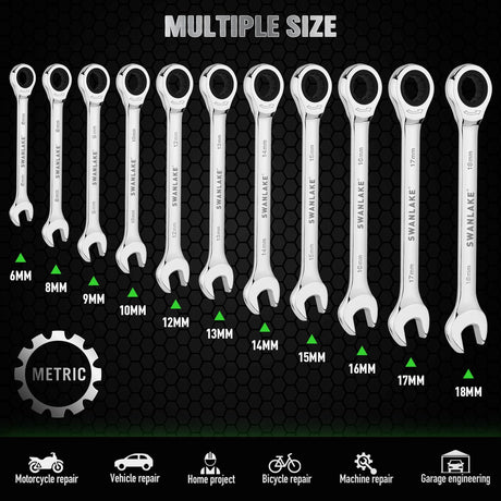 12-Piece Ratchet Wrench Set, Metric 6-18mm Ratchet Combination Wrenches Set, 12-Point 72-Tooth Ratcheting Spanners with Magnetic Base Organizer, Chrome Vanadium Steel for Automotive Mechanic Tool