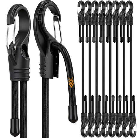 8-Piece 24-inch Adjustable Bungee Cords with Hooks, Heavy Duty Outdoor Carabiner Bungee Straps, Easily Adjust from 7" to 24", Black Super Elastic Cord for Cargo, Camping, Bike Racks, Tents