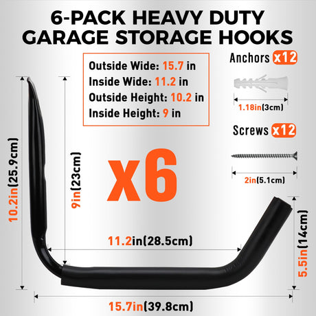 6-Pack Heavy Duty Garage Storage Hooks, 120 LB Capacity Wall Mounted Rack | Amazon US image 2
