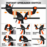 10-Piece Bar Clamp Set for Woodworking, 4 x 6-inch & 2 x 12-inch One-Handed F Clamp/Spreader, 132 lbs Load Capacity, Includes Spring Clamps & 90° Angle Clamp, Quick-Release Grip