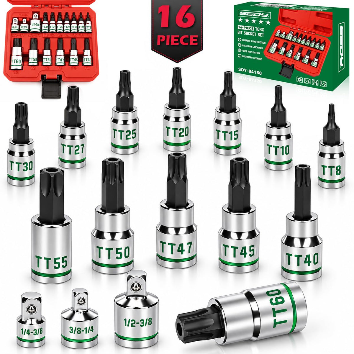 16-Piece Torx Bit Socket Set, Premium S2 Steel, European Style TT8-TT60