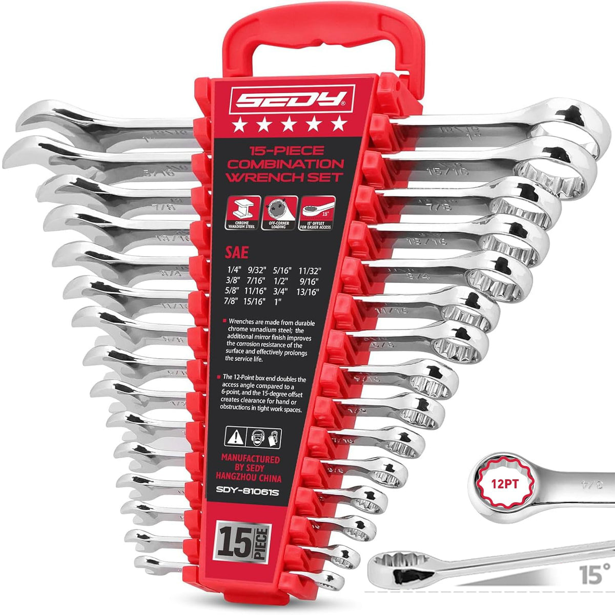 15-Piece SAE Combination Wrench Set, 1/4''–1'' 12-Point Open End and Box End Wrench Kit with Organizer, Chrome Vanadium Steel Tools for Mechanics, Garages and Workshops
