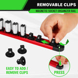 3/8-Inch Magnetic Socket Organizer Rail, Aluminum Alloy Socket Rail, Heavy Duty Sockets Holder with 14 Clips, 360° Swivel Clip Tool Tray, Sockets Organizer for Tool Box Drawer (Red)