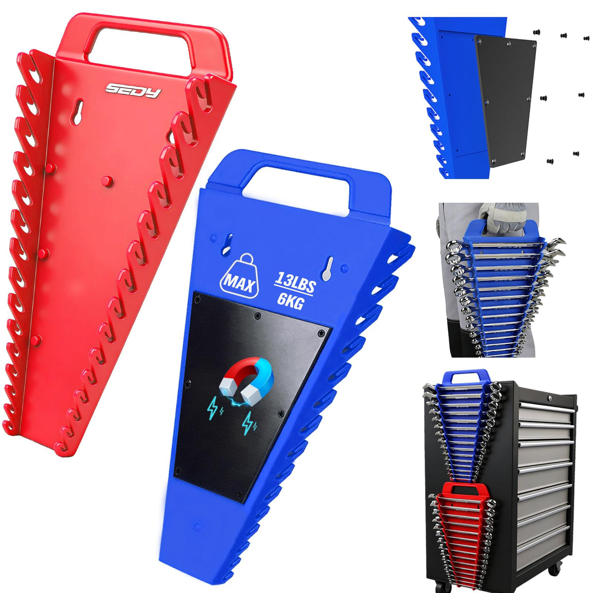 2-Pack Magnetic Wrench Organizer with Non-Slip Handle, 24-Slot Heavy-Duty Wrench Rack Holders for Toolbox & Drawer Storage, Fits SAE 1/4"-1-1/16" and Metric 6mm-24mm Wrenches