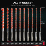 10-Piece Masonry Drill Bit Set, 6-Inch Carbide Tipped Concrete Drill Bits with Hex Shank for Brick, Cement, Tile, Wood and Light Metal, Fast Drilling and Chip Removal