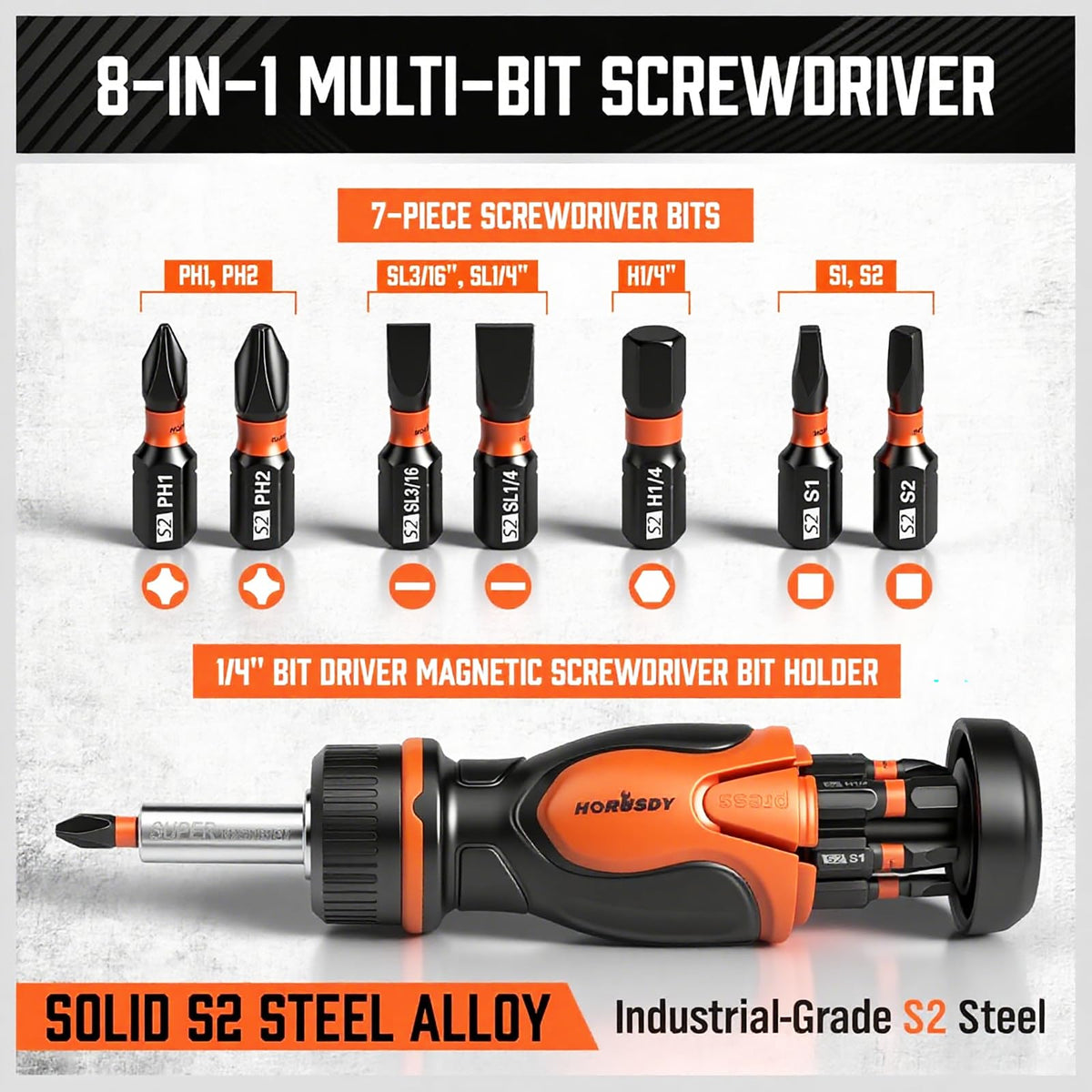 HORUSDY Magnetic Portable Screwdriver Bit Set: 8-in-1 Ratcheting Screw Driver Includes 1/4”Bit Driver Holder, 7 Screwdriver Bits with Phillips, Slotted, Square, Hex, for Garage & Daily Repair