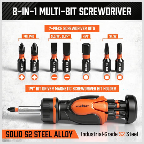 HORUSDY Magnetic Portable Screwdriver Bit Set: 8-in-1 Ratcheting Screw Driver Includes 1/4”Bit Driver Holder, 7 Screwdriver Bits with Phillips, Slotted, Square, Hex, for Garage & Daily Repair