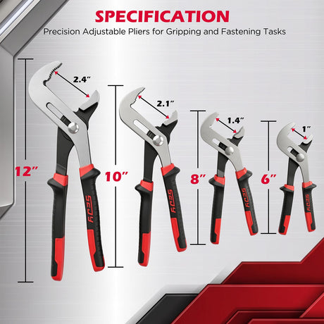 4-Piece Groove Joint Pliers Set, 12" 10" 8" 6" Adjustable Water Pump Pliers with Non-Slip Handles, Straight Jaw Tongue and Groove Pliers for Plumbing, Pipe Fittings, Nuts, Bolts and Home Repair