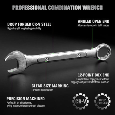 19-Piece Metric Combination Wrench Set, 6-24mm Standard Spanner Wrench Set, Mechanic Tool Sets with Rolling Pouch, Open End Wrenches for Household, Garage, Workshop, Auto Repairs