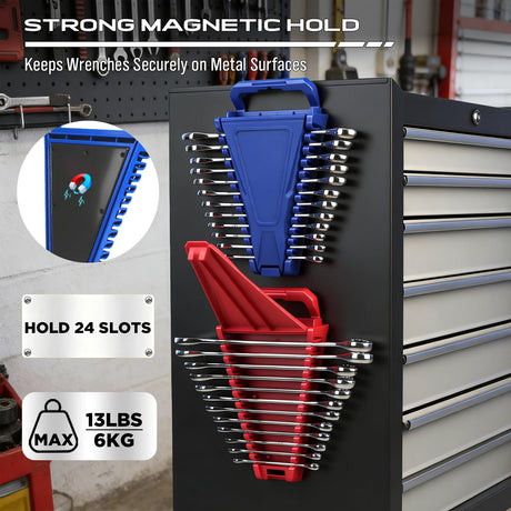 8-Piece Magnetic Socket and Wrench Organizer Set, Metric & SAE, 1/4", 3/8", 1/2"Drive Detachable Socket Storage Tray, 24-Slot Wrench Holder with Non-Slip Handle & Lock Cover for Toolbox Drawer Storage