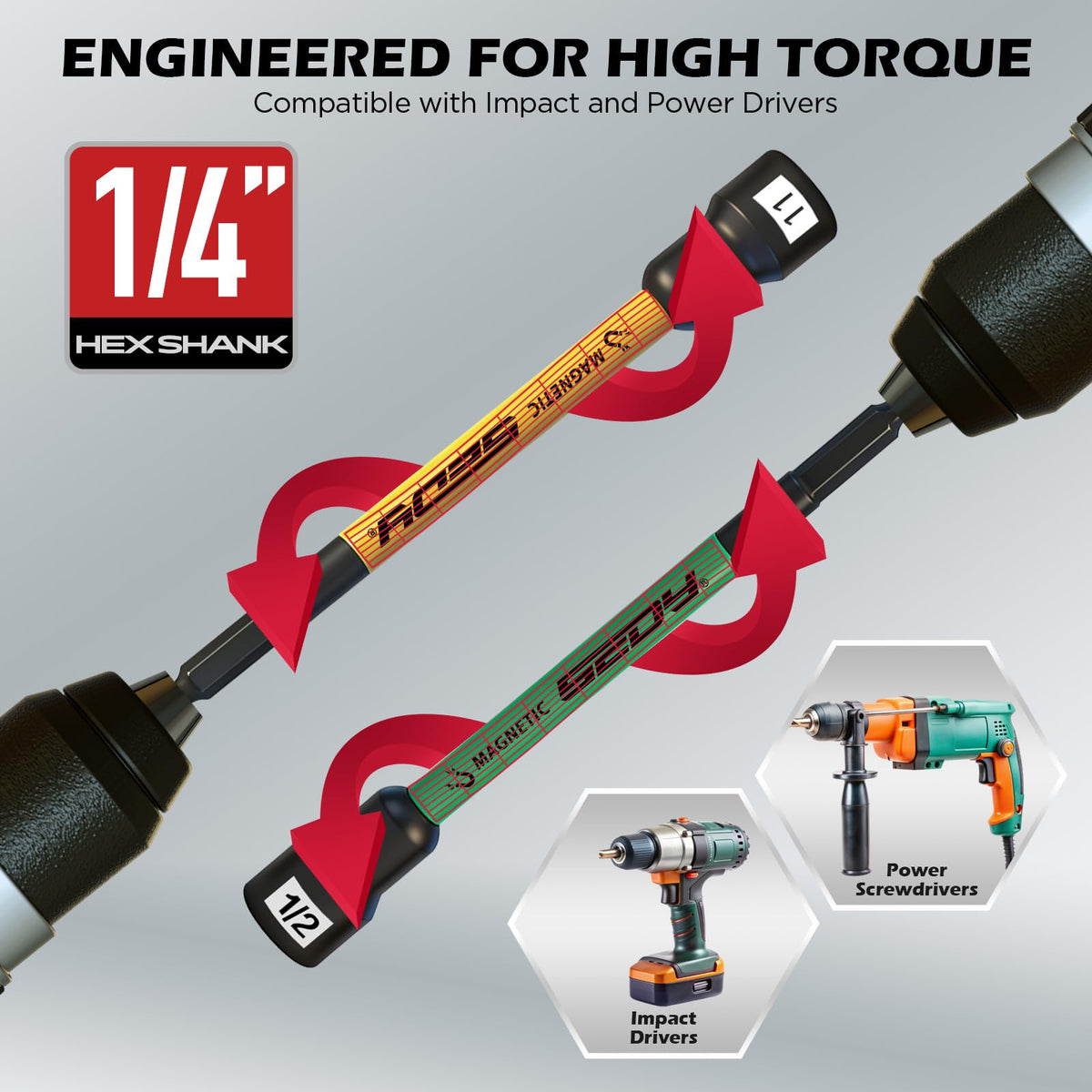 22-Piece Magnetic Extra Long Nut Driver Set, SAE (9/16"-1/4") & Metric (8-15mm), 6" Impact Nut Drivers with PH2 Bits, 1.5lb Telescoping Magnetic Pickup Tool & Storage Rail, 1/4" Hex Shank, S2 Steel