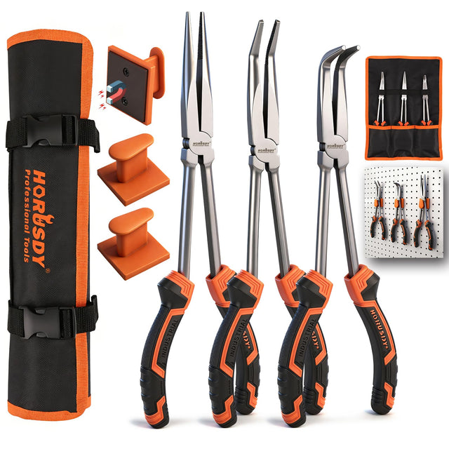 HORUSDY 3-Piece 11 Inch Long Reach Needle Nose Pliers Set, Extra Long Straight, 45° & 90° Bent Nose Pliers with 3 Magnetic Plier Racks and Roll-Up Storage Bag for Tight Spaces | Amazon US image 1