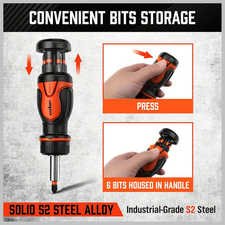 HORUSDY Magnetic Portable Screwdriver Bit Set: 8-in-1 Ratcheting Screw Driver Includes 1/4”Bit Driver Holder, 7 Screwdriver Bits with Phillips, Slotted, Square, Hex, for Garage & Daily Repair