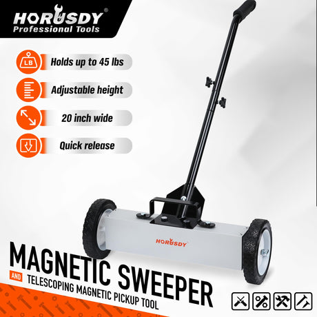 HORUSDY 18-Inch Rolling Magnetic Sweeper with Wheels, Magnet Pickup Sweeper, Push-Type Nail Magnet Sweeper for Workshop, Garage, and Yard Cleanup