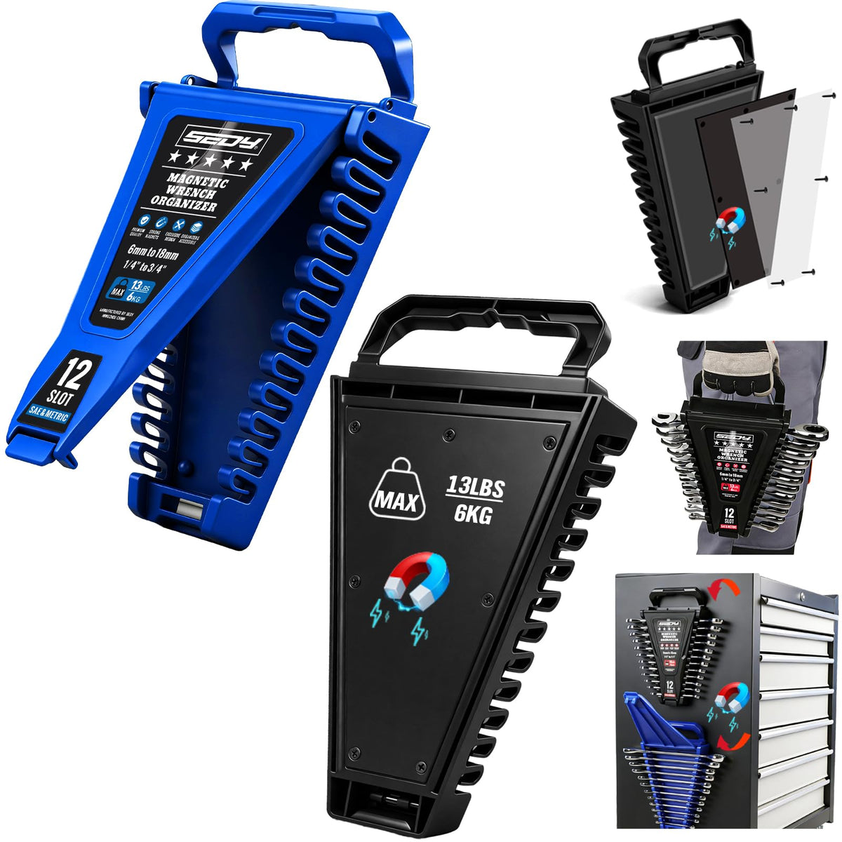 2-Piece Magnetic Wrench Organizer, 24-Slot Wrenches Holder Set with Lock Cover Metric 6–18mm & SAE 1/4-3/4", Wrench Rack Tool Trays with Carrying Handle for Wall Mount Toolbox Drawer Storage