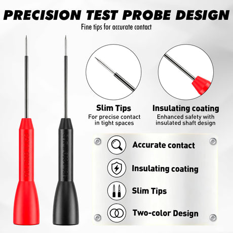 4-Piece 2mm Multimeter Needle Test Probes, CAT II 600V 10A Insulation Piercing Extended Needle, Stainless Steel Extra Thin Electrical Multimeter Probe for Automotive