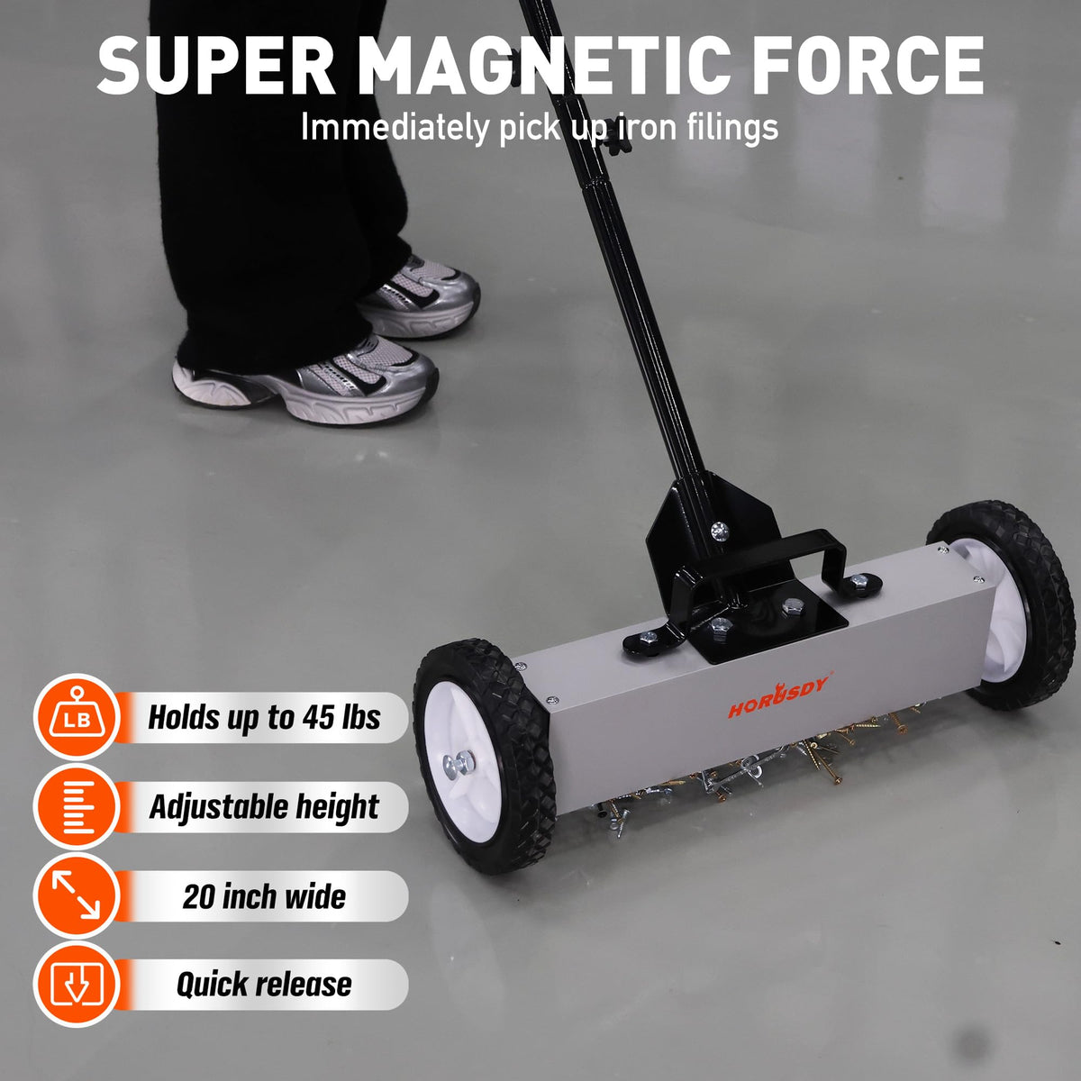 HORUSDY 18-Inch Rolling Magnetic Sweeper with Wheels, Magnet Pickup Sweeper, Push-Type Nail Magnet Sweeper for Workshop, Garage, and Yard Cleanup