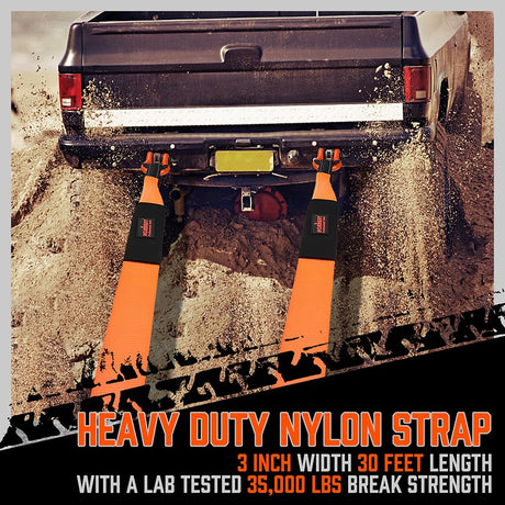 HORUSDY Nylon Heavy Duty Tow Strap Recovery Strap with Hooks 3" x 30Ft - 35,000 LBS Break Strength, 3/4 D Ring Shackles (2pcs), Recover Your Vehicle Stuck in Mud/Snow